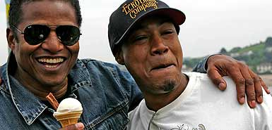 Jackie Jackson and son Siggie (aka rapper DealZ) enjoy a Hockings Ice Cream on Appledore Quay